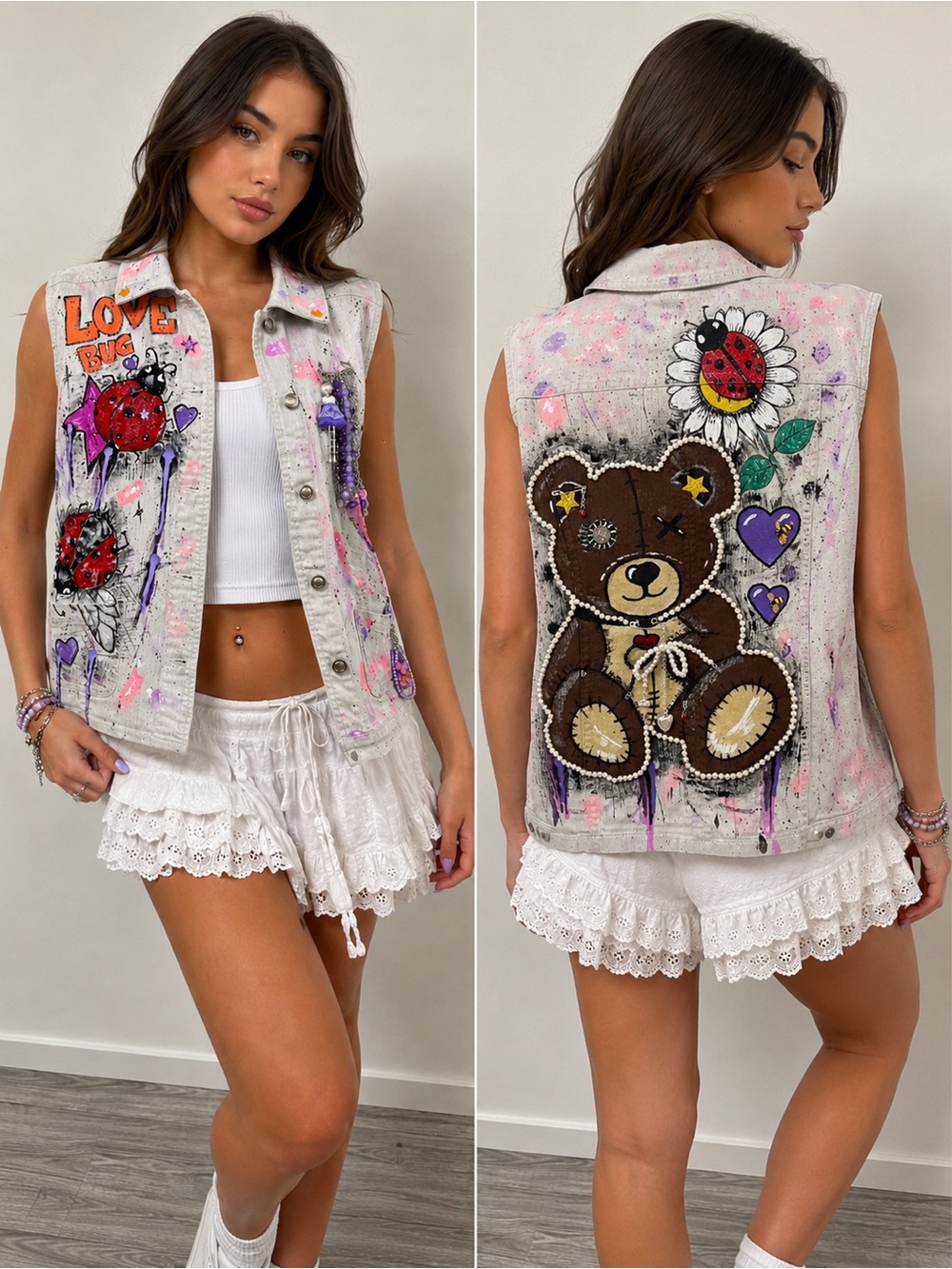 Painted White Denim Vest with Teddy Bear Art